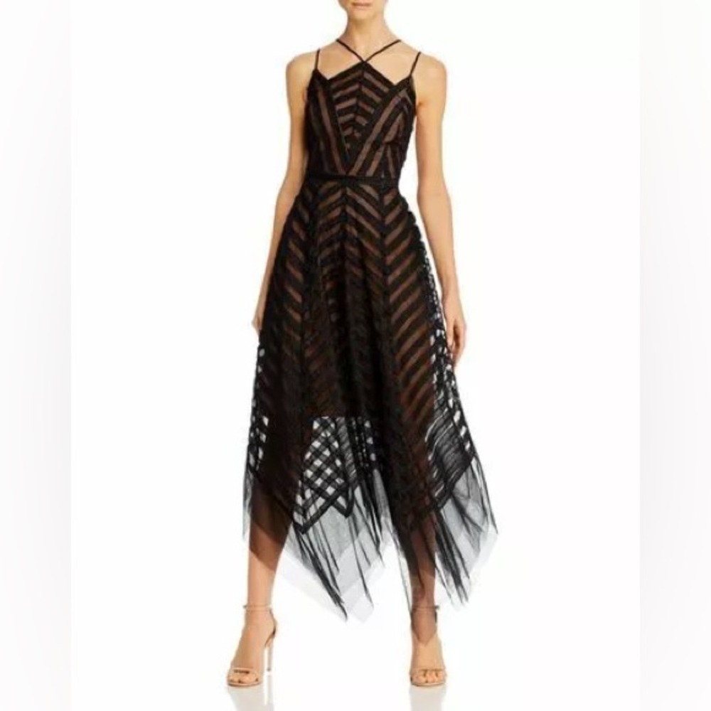 BCBG MAXAZRIA Tinsel Tulle Handkerchief Hem Dress Black